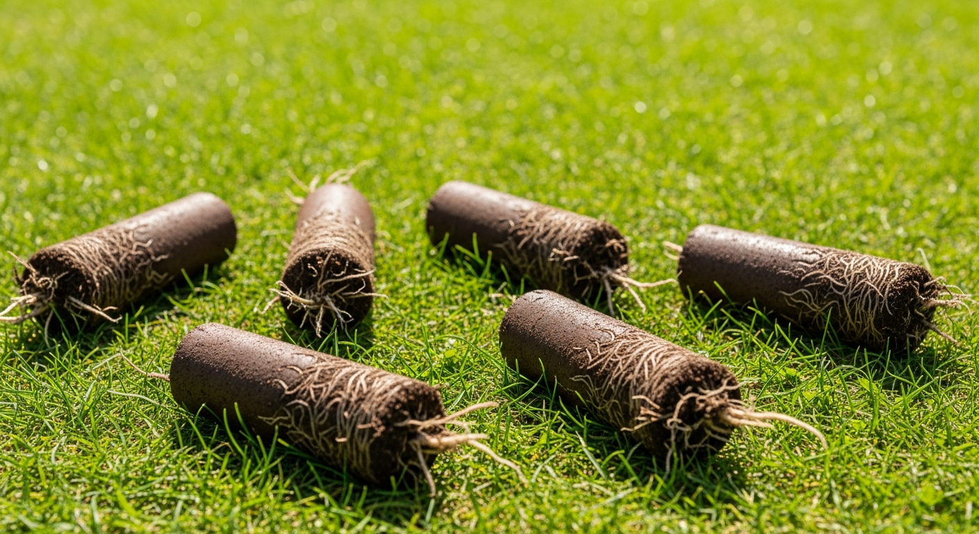 Soil plugs resting on turf after core aeration