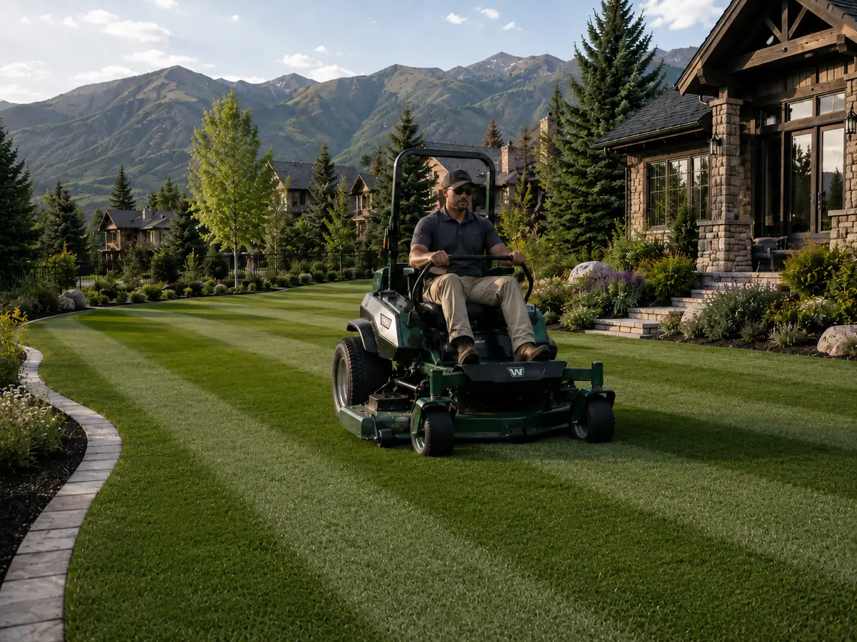 435 Property Management truck in front of a freshly striped lawn in Park City