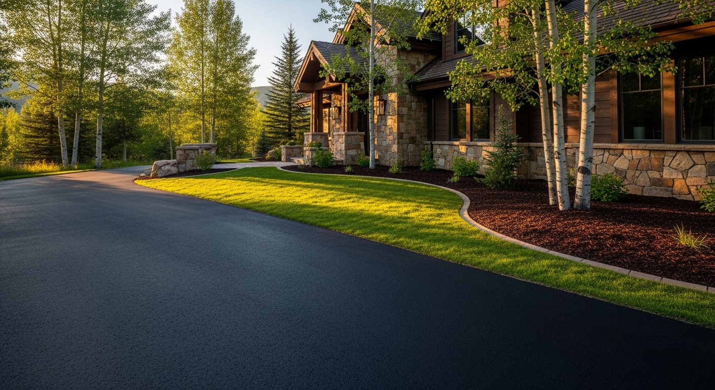 Landscaped lawn, planting beds, and pavement