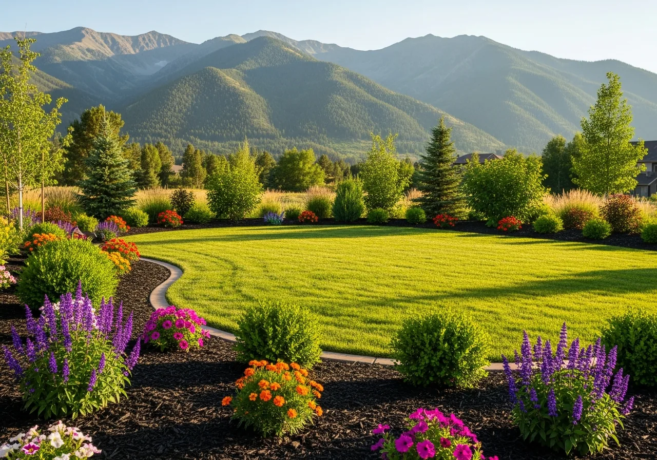 Maintained lawn with planting beds and mountain backdrop