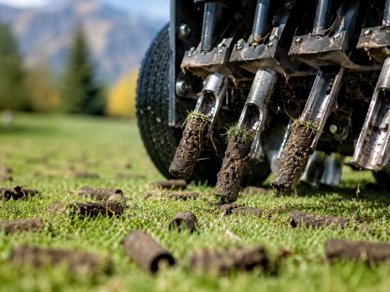 Core aerator pulling soil plugs from turf
