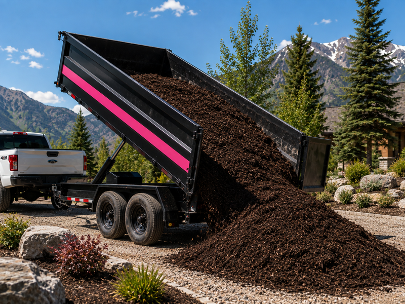 Bulk mulch being unloaded beside a landscaped bed