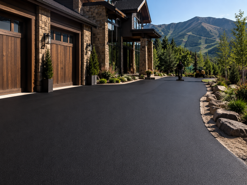 Dark asphalt pavement beside a landscaped entry