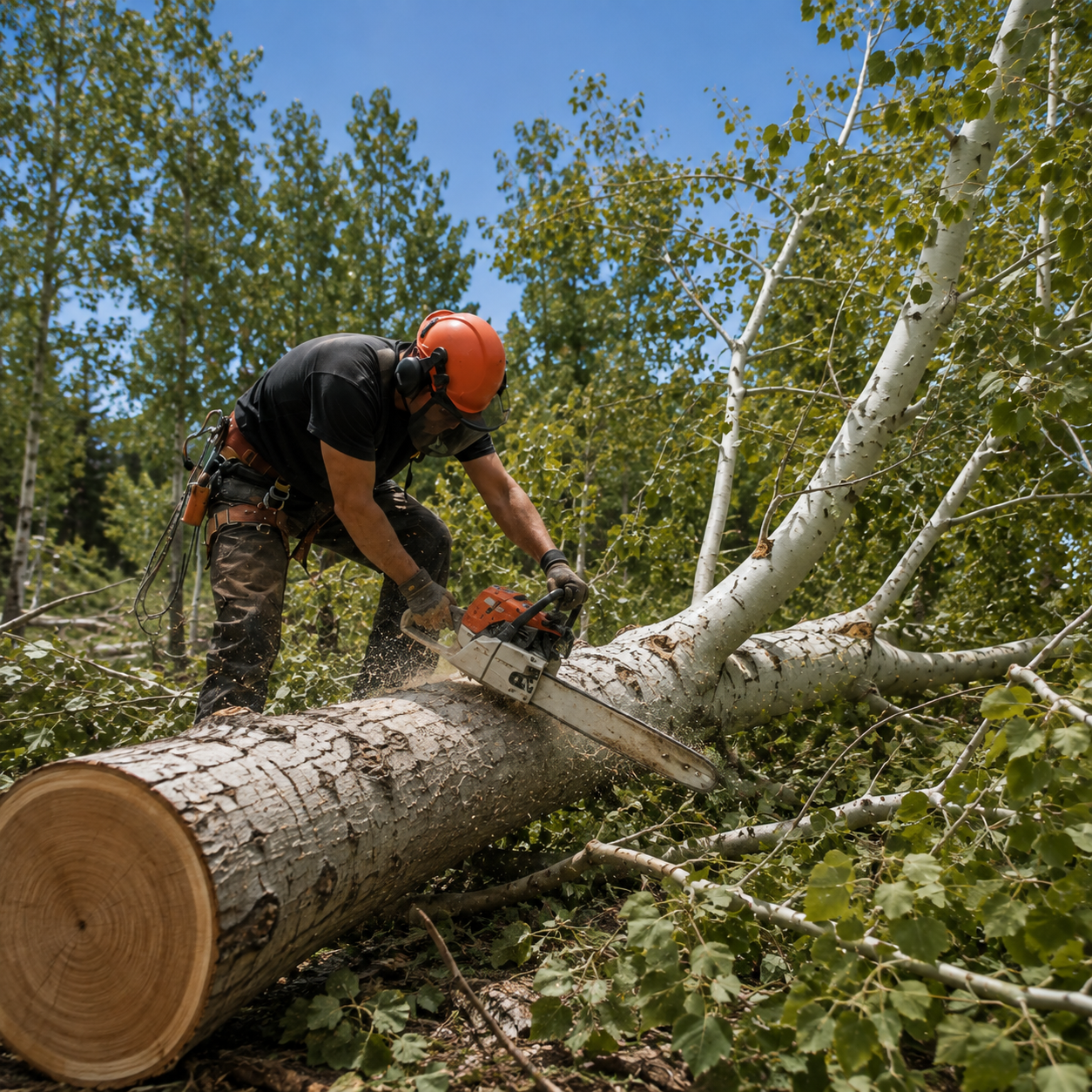 Tree care operator working with a chainsaw